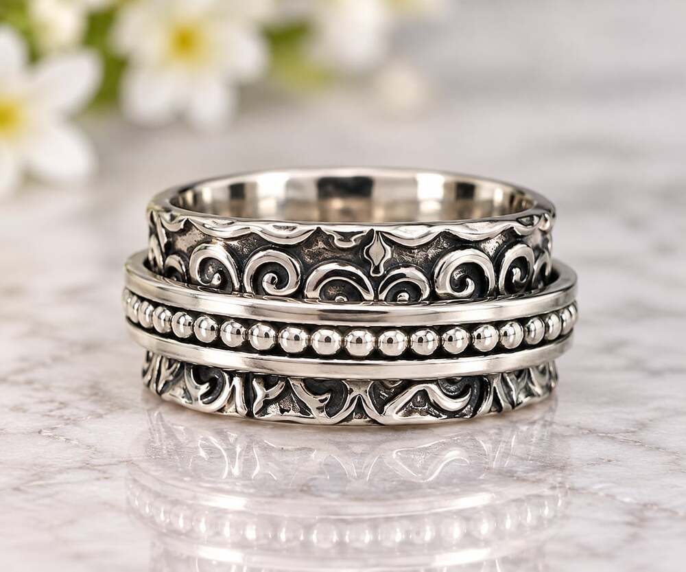 Artisan Crafted Spinner Ring Filigree & Bead Design in Sterling Silver